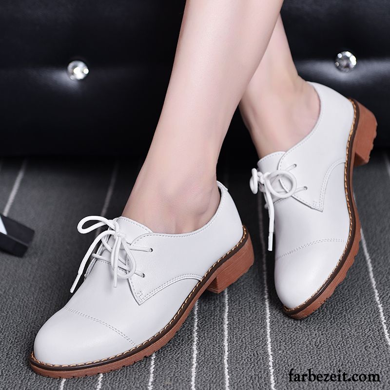 Billige Schuhe Online Kaufen Retro Damen Casual Echtleder England Flache Dick Schnürschuhe Feder Hochschule Wind Lederschuhe Günstig