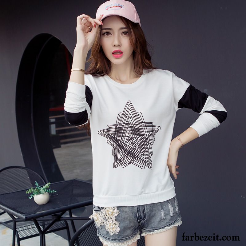 Blau Weiß Gestreift T Shirt Damen Mode Lange Ärmel Drucken Pentagramm Rein Neu Lose T-shirts Herbst Muster Baumwolle Rabatt