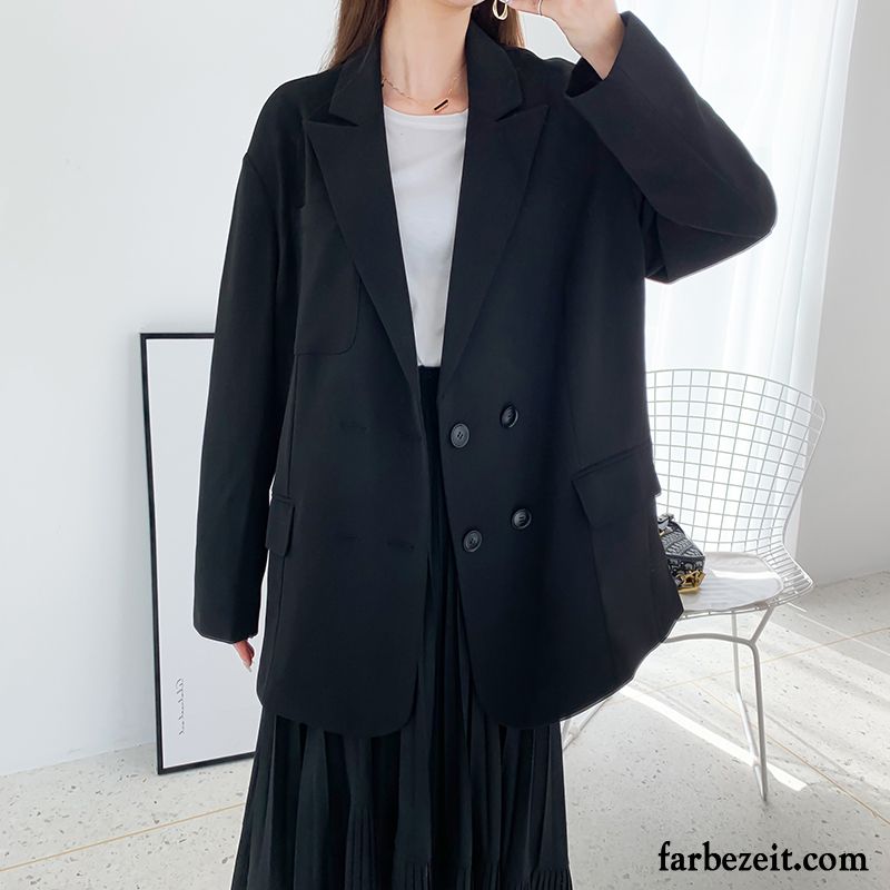 Blazer Damen Trend Langer Abschnitt Herbst Neu Lose Überzieher Schwarz Gelb