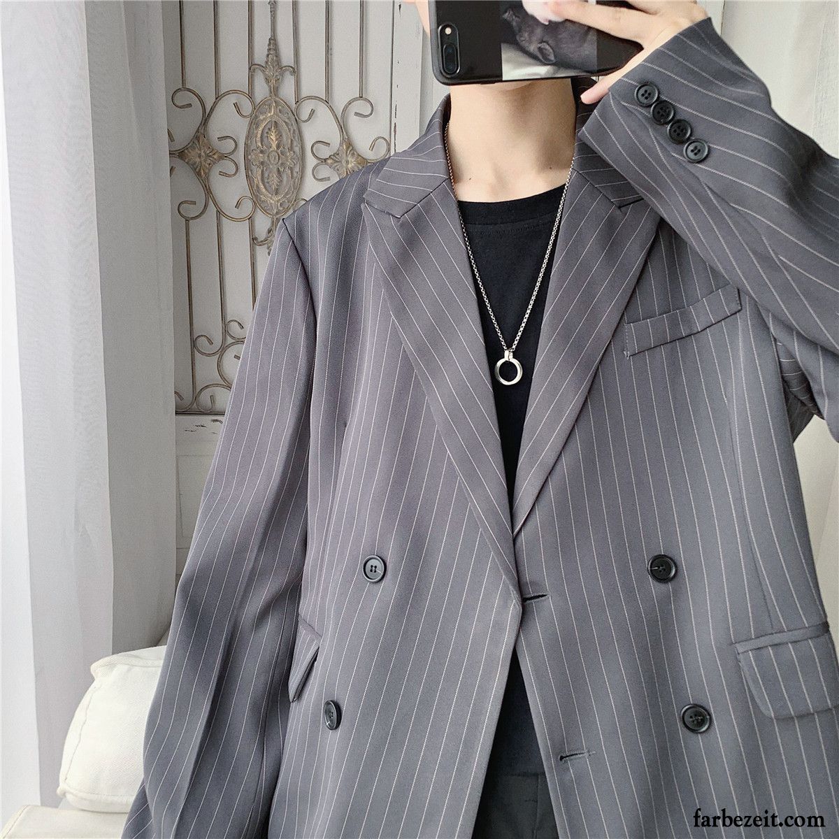 Blazer Herren Freizeit Trend Kostüm Streifen Anzüg Schaltflächen Sortieren Schwarz