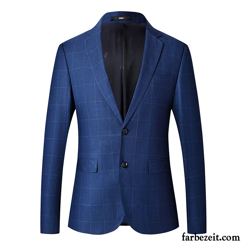 Blazer Herren Trend Schlank Feder Anzüg Gitter Freizeit Polarblau