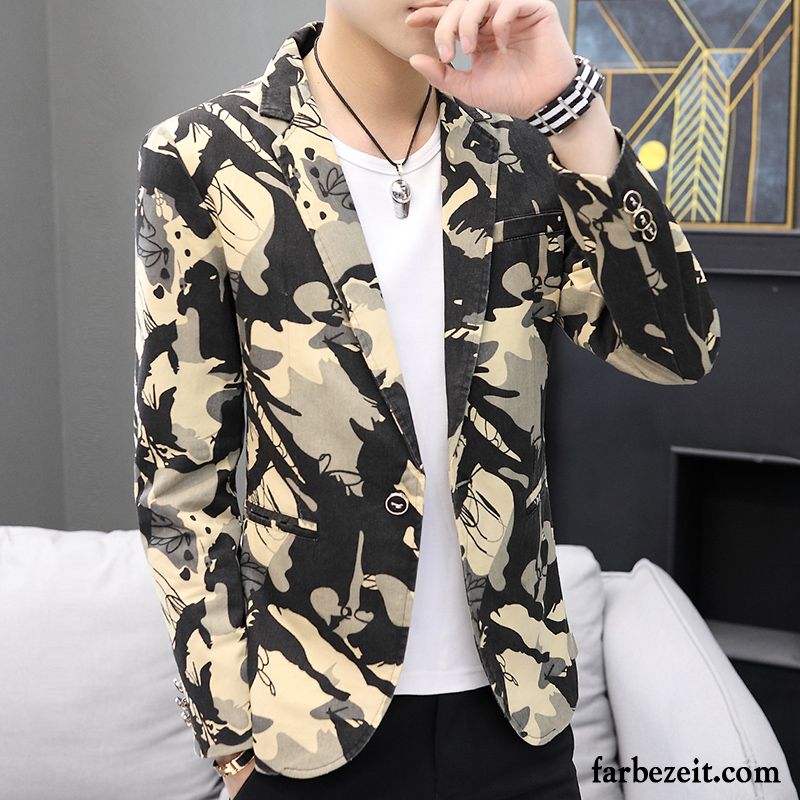 Blazer Herren Überzieher England Schlank Kostüm Schüler Anzüg Camouflage Braun