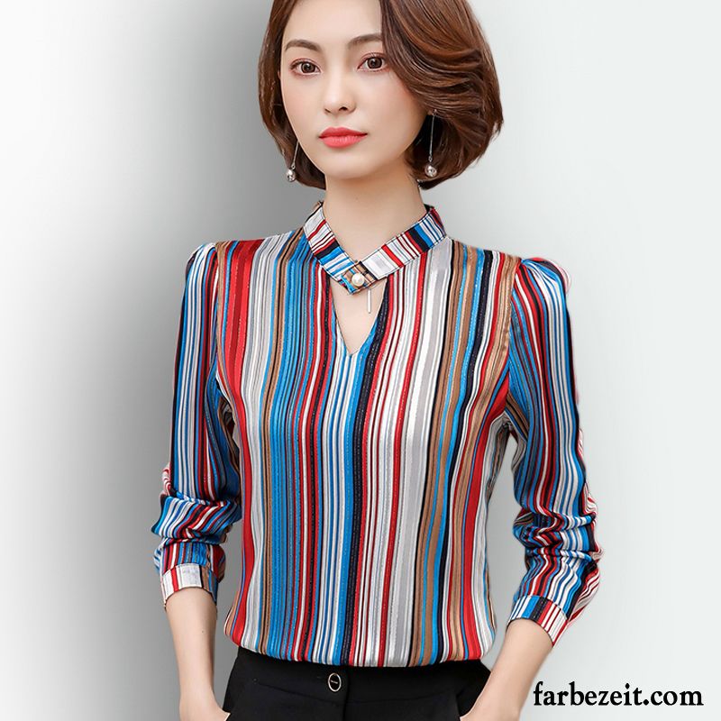 Bluse Hellblau Damen Blusen Trend Neu Chiffon Herbst Lange Ärmel Schwarz Mantel Streifen Allgleiches Kaufen