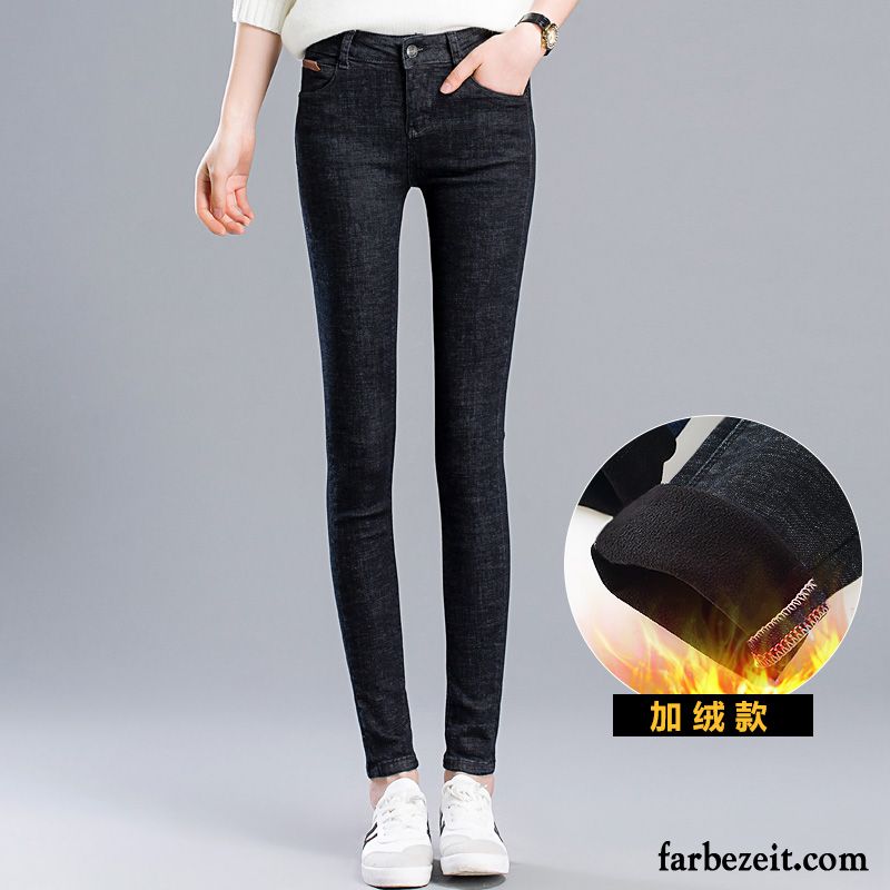 Bootcut Jeans Schwarz Damen Plus Samt Dünn Trend Hose Jeans Winter Schmales Bein Neu Feder Herbst Schlank Günstig