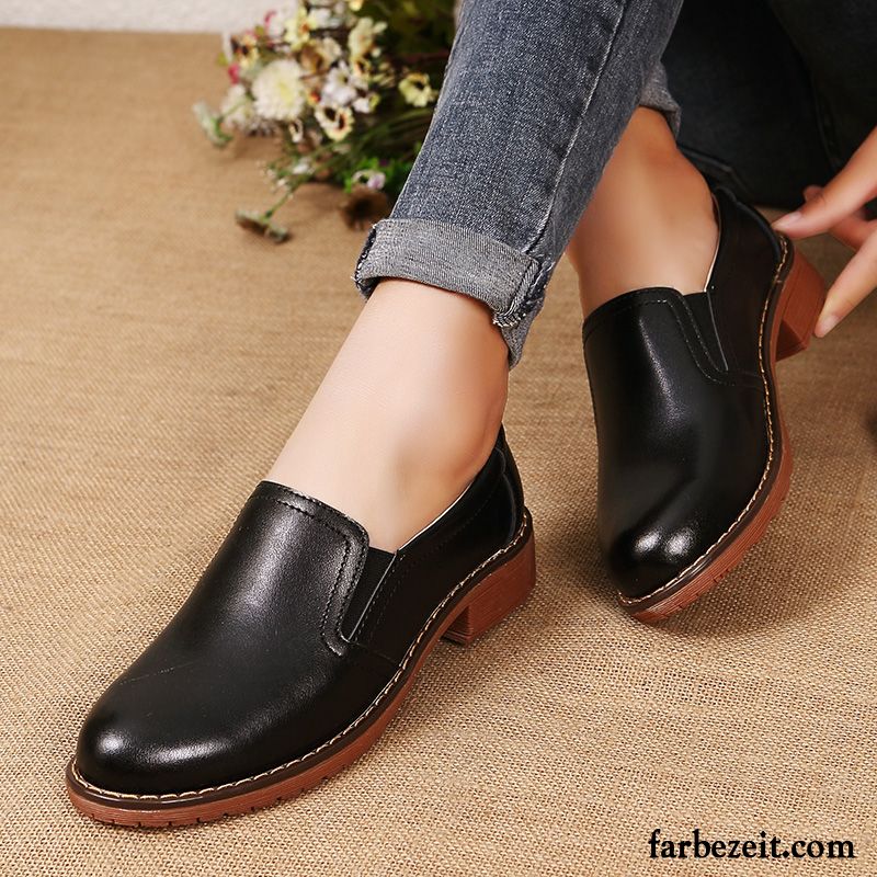 Braune Leder Schuhe Runde Zehe Schwarz England Schnürschuhe Feder Lederschuhe Hochschule Wind Retro Casual Dicke Sohle Damen Billig