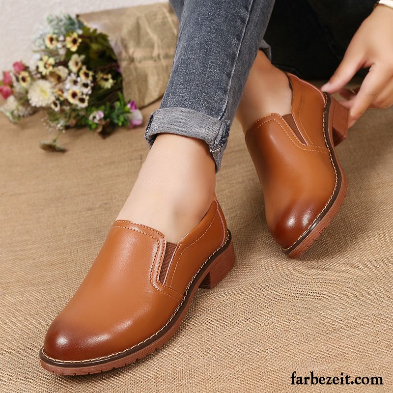 Braune Leder Schuhe Runde Zehe Schwarz England Schnürschuhe Feder Lederschuhe Hochschule Wind Retro Casual Dicke Sohle Damen Billig