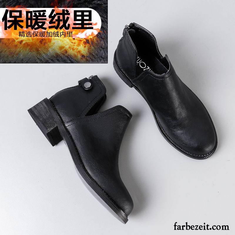 Braune Lederstiefel Dick Flache Kurze Runde Zehe Martin Stiehlt Damen Herbst Winter Verkaufen