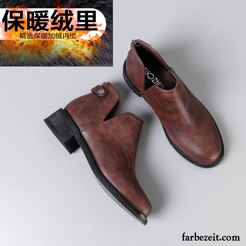 Braune Lederstiefel Dick Flache Kurze Runde Zehe Martin Stiehlt Damen Herbst Winter Verkaufen