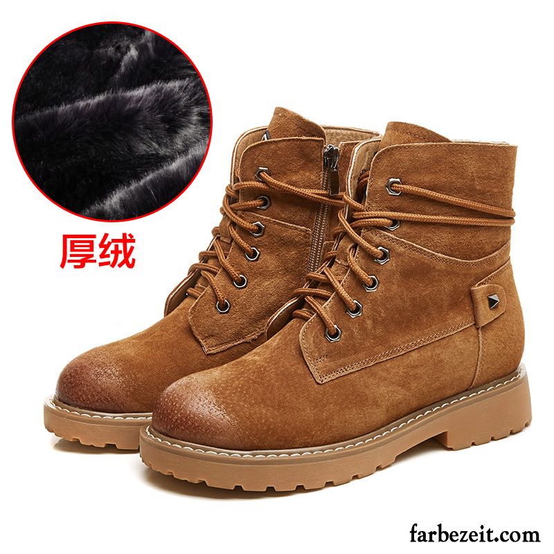 Braune Schnürstiefel Damen Schnürung Echtleder Winter Allgleiches England Neue Schuhe Martin Stiehlt Plus Samt Feder Kurze Billig