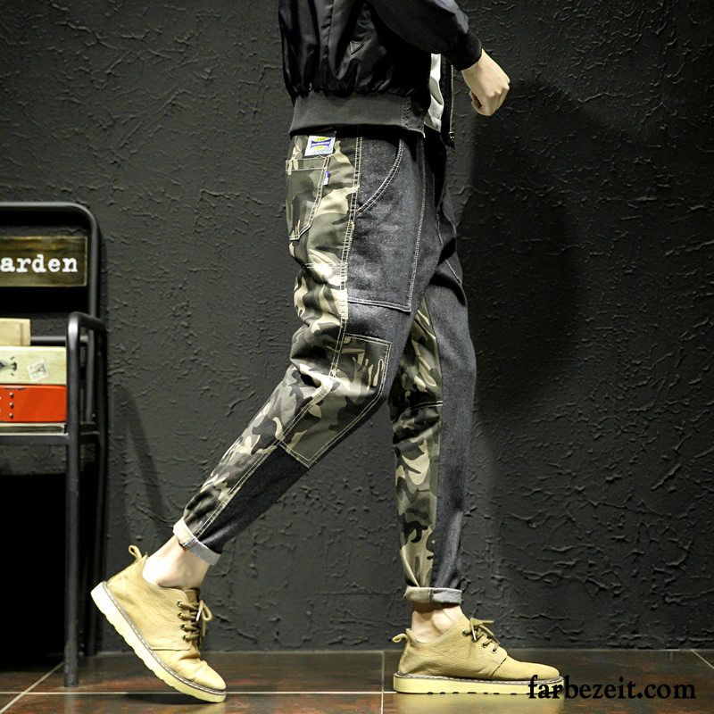 Cargohose Herren Neu Trend Spleißen Freizeit Lose Harlan Camouflage Schwarz