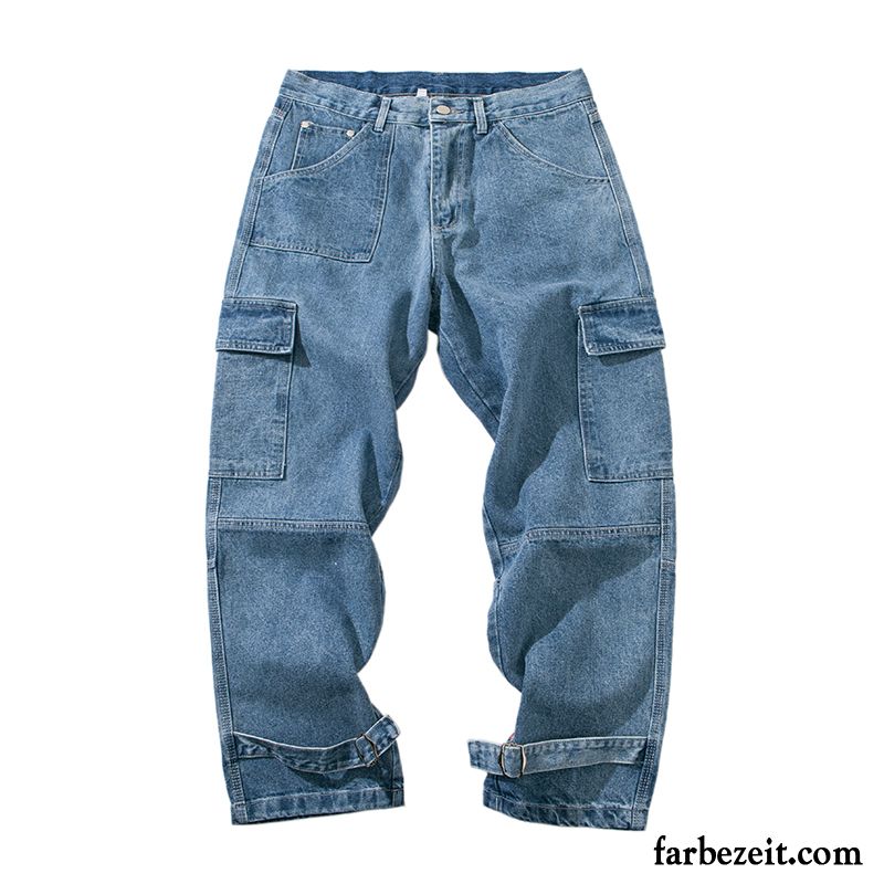 Cargohose Herren Werkzeugbau Jeans Lose Freizeit Trend Gerade Dunkelblau