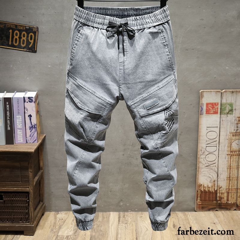 Cargohose Herren Werkzeugbau Jeans Weites Bein Sommer Freizeit Elastisch Grau