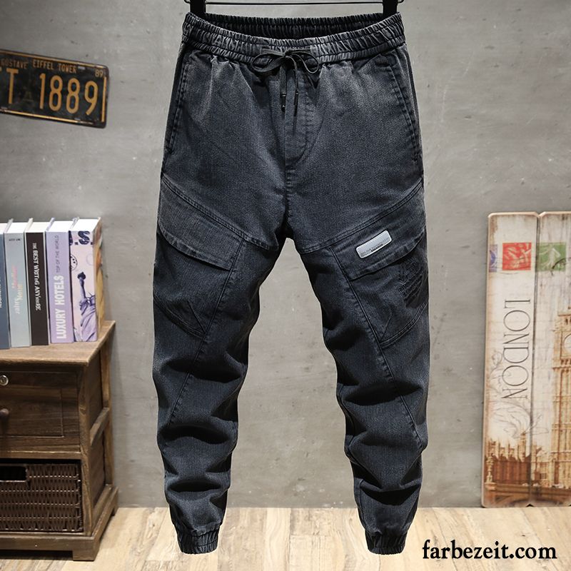 Cargohose Herren Werkzeugbau Jeans Weites Bein Sommer Freizeit Elastisch Grau