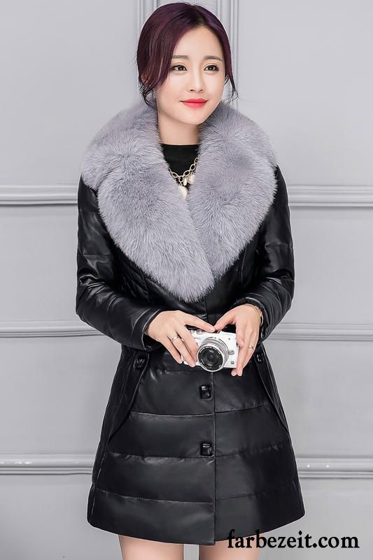 Chiffon Lederjacke Damen Winter Ausverkauf Lederjacke Überzieher Langer Abschnitt Baumwolle Pelz Kragen Verkaufen