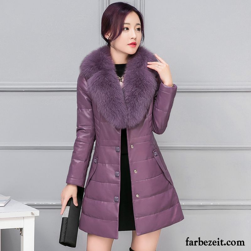 Chiffon Lederjacke Damen Winter Ausverkauf Lederjacke Überzieher Langer Abschnitt Baumwolle Pelz Kragen Verkaufen