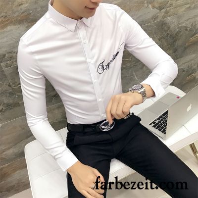 Coole Herren Hemden Schlank Hemd Trend Stickerei Hemden Herbst Weiß Freizeit Lange Ärmel