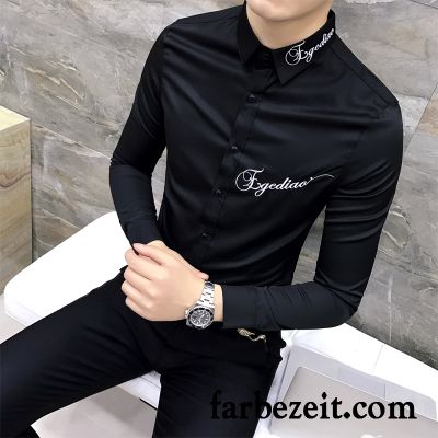 Coole Herren Hemden Schlank Hemd Trend Stickerei Hemden Herbst Weiß Freizeit Lange Ärmel