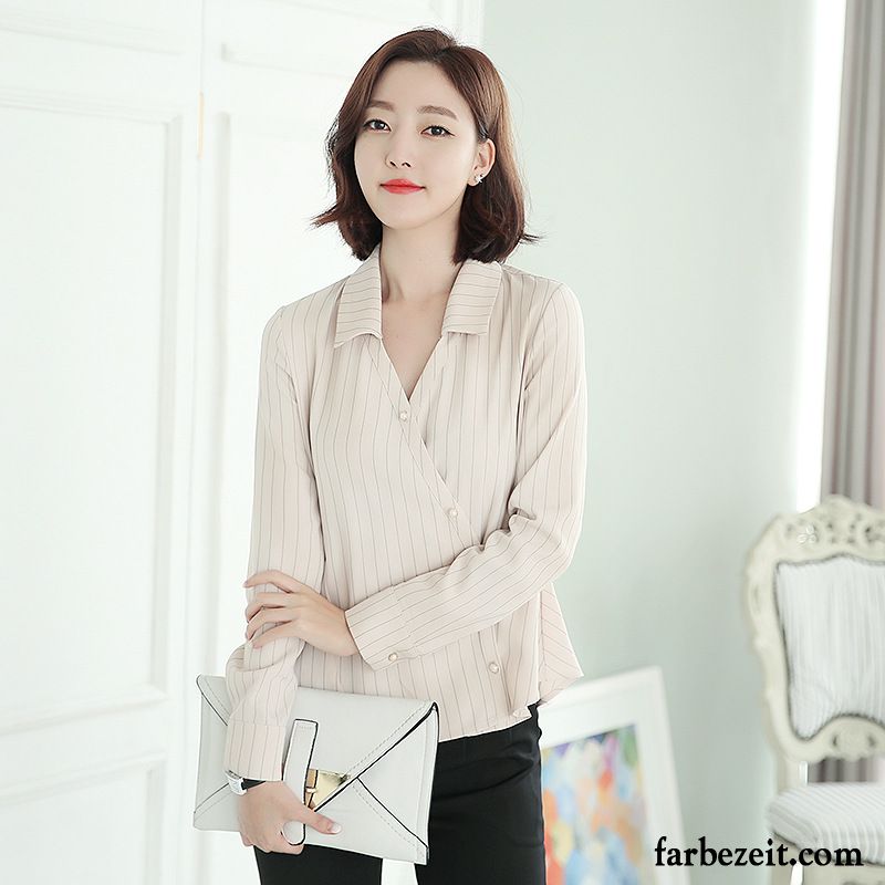 Damen Bluse Braun Lange Ärmel Schlank Neu Quadratischer Kragen Blusen Chiffon Einreihige Taste Herbst Streifen Strickjacke Spleißen Kaufen