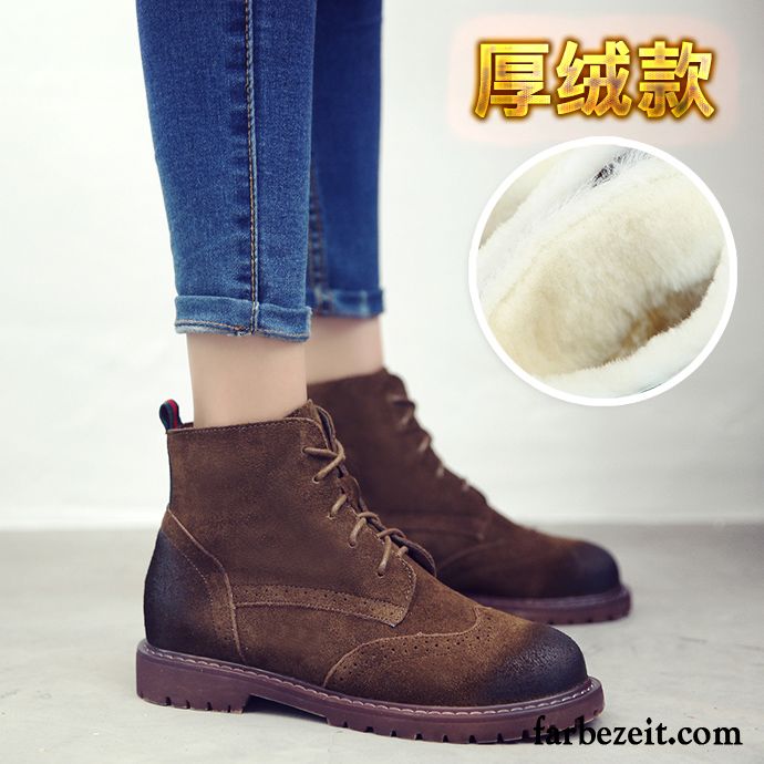 Damen Boots Günstig Schnürung Flache Winter England Erhöht Echtleder Gefrostet Baumwolle Schuhe Herbst Kurze Plus Samt Martin Stiehlt Retro Sale