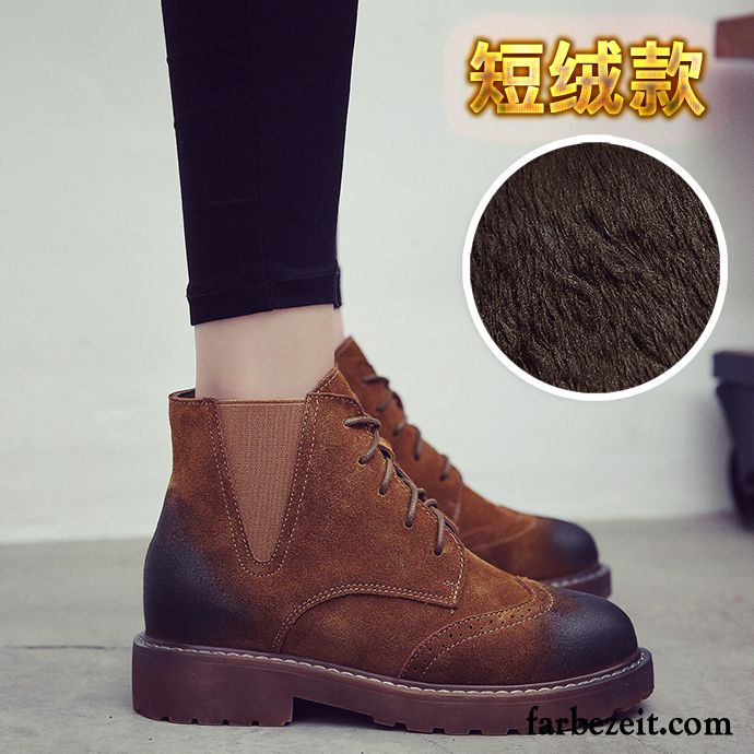 Damen Boots Günstig Schnürung Flache Winter England Erhöht Echtleder Gefrostet Baumwolle Schuhe Herbst Kurze Plus Samt Martin Stiehlt Retro Sale