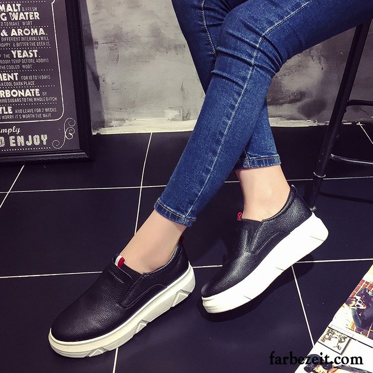 Damen Halbschuhe Leder Schwarz Schuhe Flache Dicke Sohle Faul Feder Herbst Slip-on Schnürschuhe Weiß Halbschuhe Verkaufen