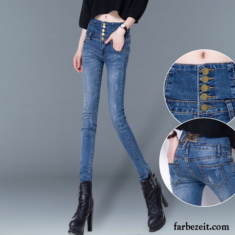 Damen Jeans In Kurzgrößen Enger Schnallen Winter Bleistift Hose Schüler Jeans Schmales Bein Hohe Taille Schaltflächen Sortieren Schwarz Trend Neu Herbst Kaufen