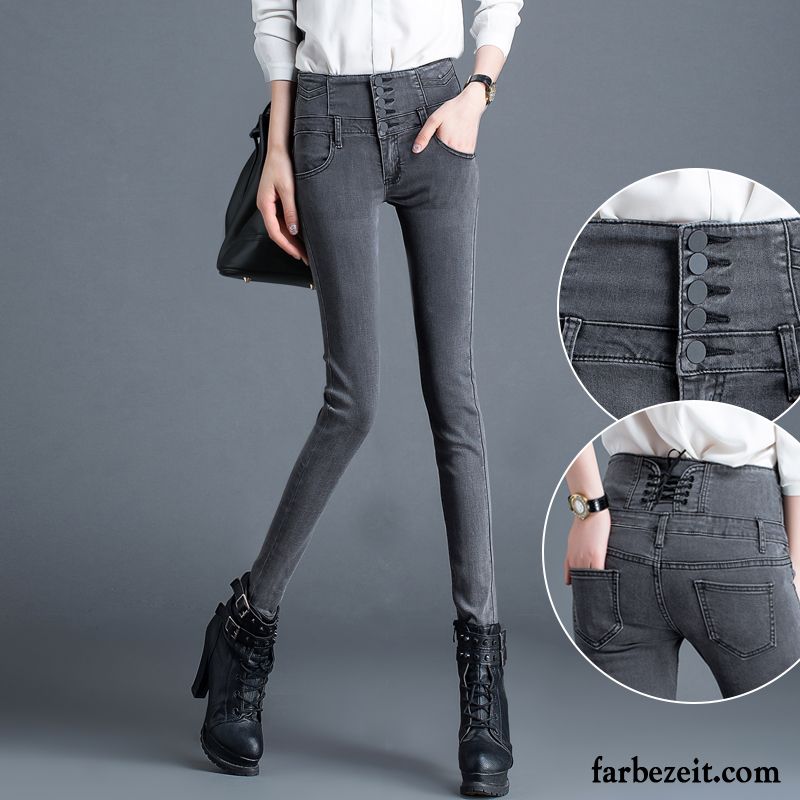 Damen Jeans In Kurzgrößen Enger Schnallen Winter Bleistift Hose Schüler Jeans Schmales Bein Hohe Taille Schaltflächen Sortieren Schwarz Trend Neu Herbst Kaufen