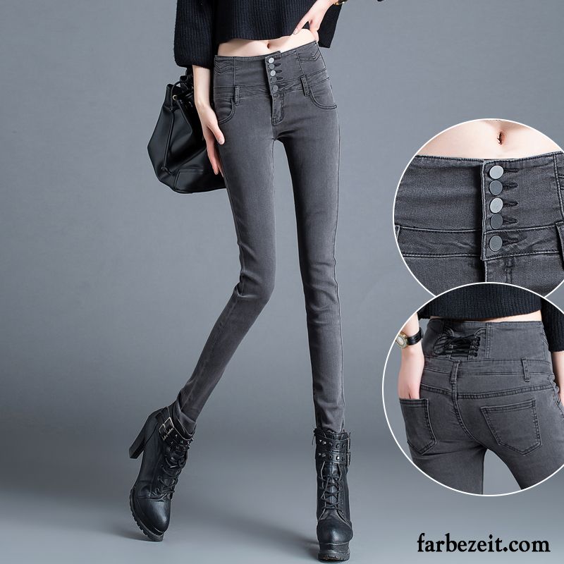 Damen Jeans In Kurzgrößen Enger Schnallen Winter Bleistift Hose Schüler Jeans Schmales Bein Hohe Taille Schaltflächen Sortieren Schwarz Trend Neu Herbst Kaufen