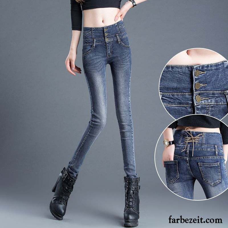 Damen Jeans In Kurzgrößen Enger Schnallen Winter Bleistift Hose Schüler Jeans Schmales Bein Hohe Taille Schaltflächen Sortieren Schwarz Trend Neu Herbst Kaufen