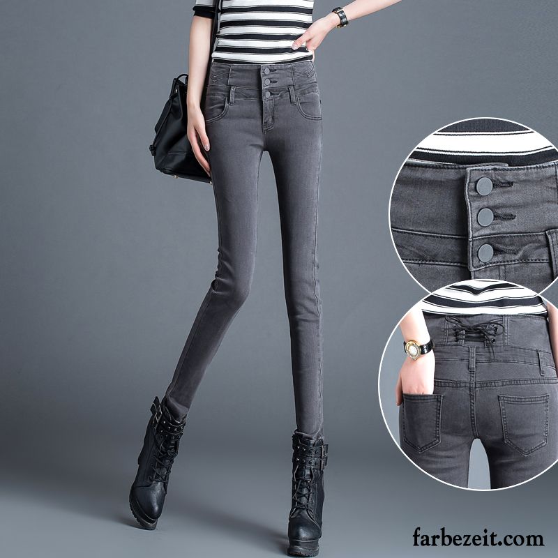 Damen Jeans In Kurzgrößen Enger Schnallen Winter Bleistift Hose Schüler Jeans Schmales Bein Hohe Taille Schaltflächen Sortieren Schwarz Trend Neu Herbst Kaufen