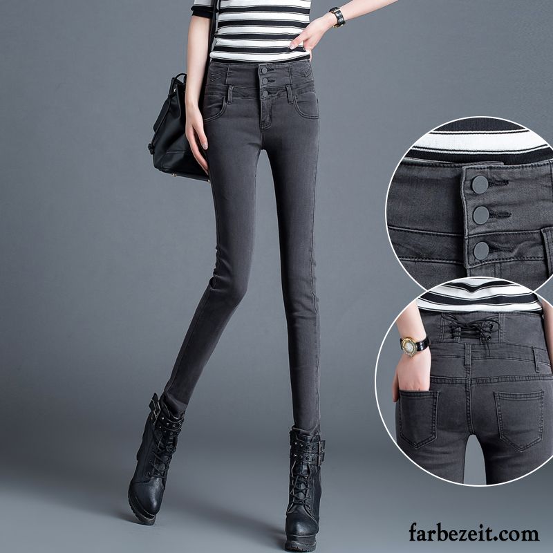 Damen Jeans In Kurzgrößen Enger Schnallen Winter Bleistift Hose Schüler Jeans Schmales Bein Hohe Taille Schaltflächen Sortieren Schwarz Trend Neu Herbst Kaufen