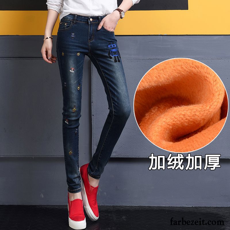 Damen Jeans Gummibund Bleistift Hose Stickerei Elastisch Schlank Schüler Plus Samt Jeans Winter Schmales Bein Verdickung Baumwolle Günstig