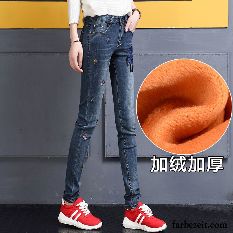 Damen Jeans Gummibund Bleistift Hose Stickerei Elastisch Schlank Schüler Plus Samt Jeans Winter Schmales Bein Verdickung Baumwolle Günstig