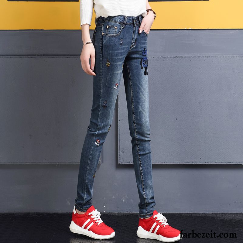 Damen Jeans Gummibund Bleistift Hose Stickerei Elastisch Schlank Schüler Plus Samt Jeans Winter Schmales Bein Verdickung Baumwolle Günstig