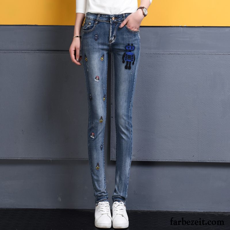 Damen Jeans Gummibund Bleistift Hose Stickerei Elastisch Schlank Schüler Plus Samt Jeans Winter Schmales Bein Verdickung Baumwolle Günstig