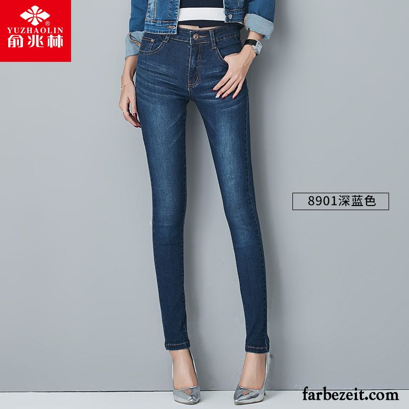 Damen Jeans Knöpfen Vorne Hohe Taille Dünn Plus Samt Neu Trend Jeans Winter Schwarz Verkaufen