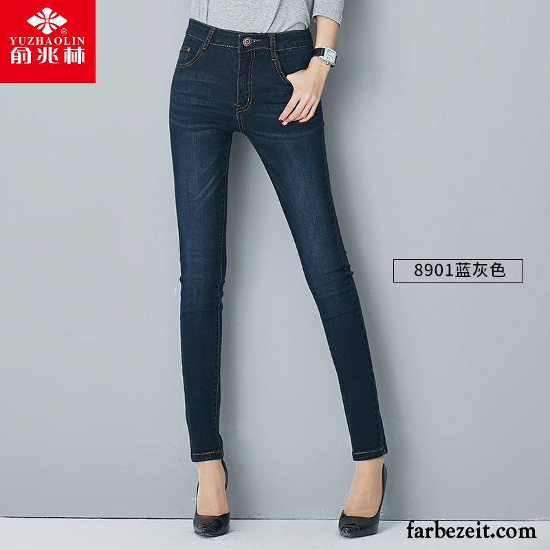 Damen Jeans Knöpfen Vorne Hohe Taille Dünn Plus Samt Neu Trend Jeans Winter Schwarz Verkaufen