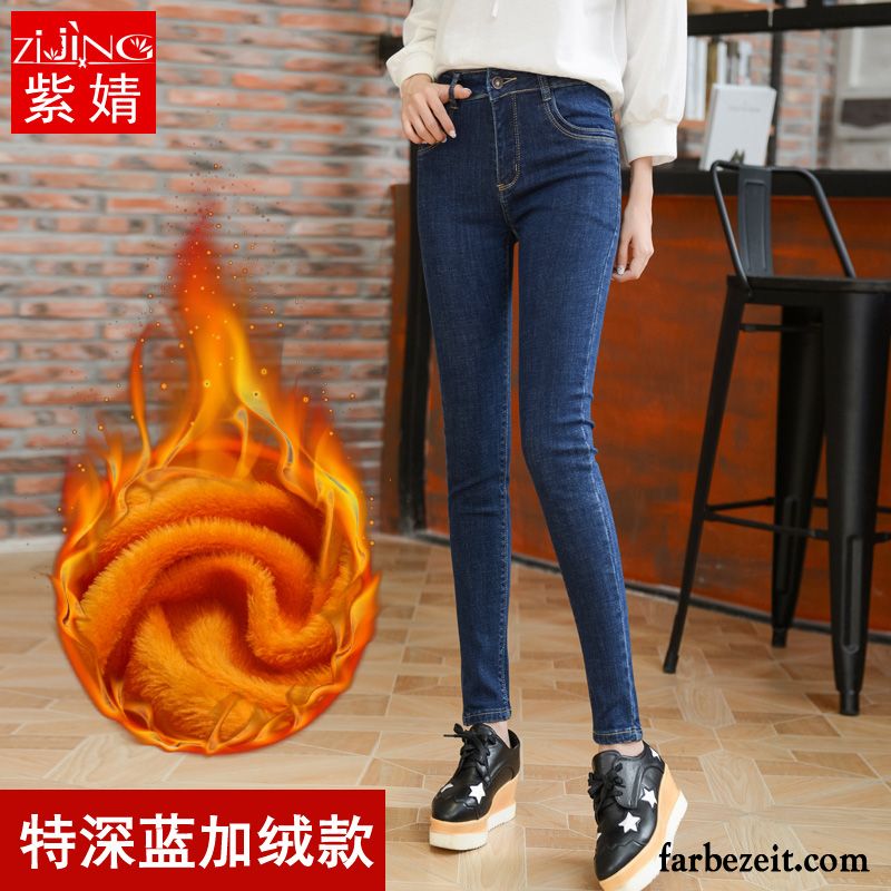 Damen Jeans Schwarz Straight Hose Dünn Schwarz Plus Samt Hohe Taille Elastisch Fest Jeans Winter Herbst Verdickung Bleistift Hose Kaufen