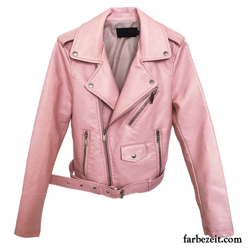 Damen Lederjacke Kaufen Überzieher Kurzer Absatz Feder Lederjacke Neu Rosa Sonderangebot Pu Allgleiches Rabatt