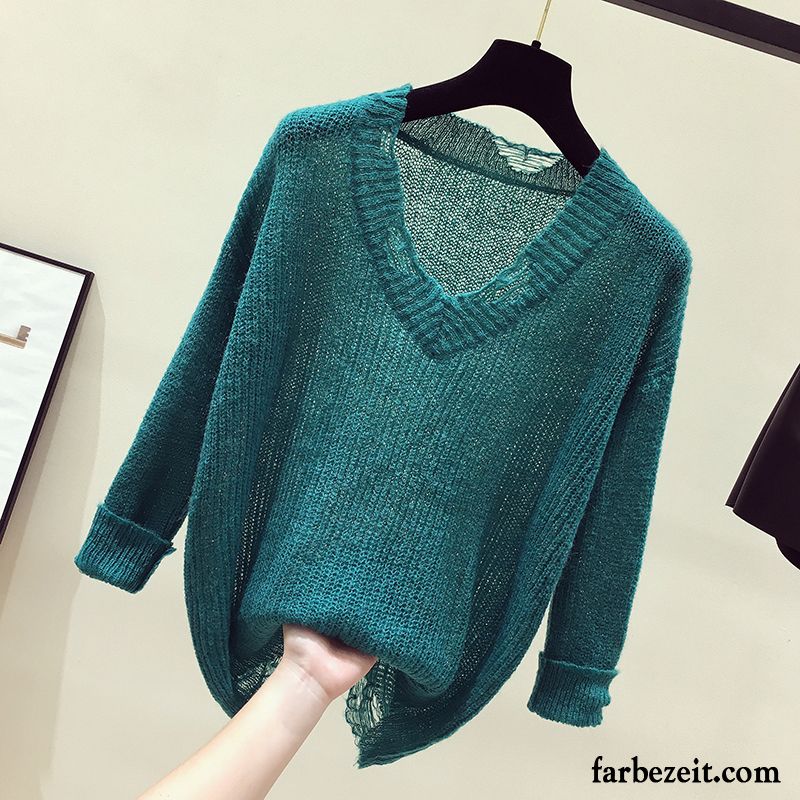 Damen Pullover Hellblau Neu Lange Ärmel Lose Dünn Löcher Herbst Mantel Pullover Grün V-ausschnitt Strickwaren Günstig