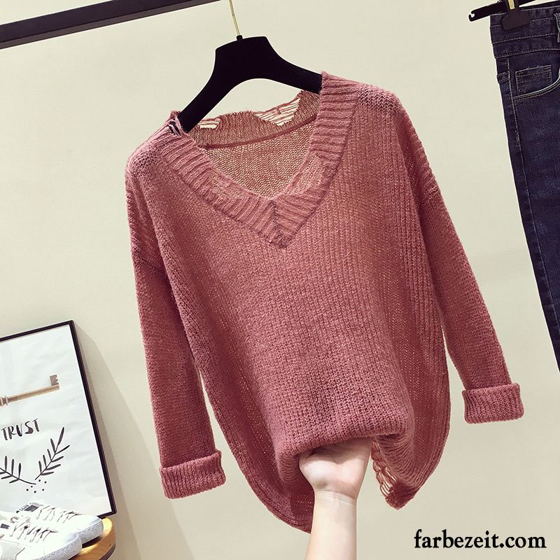 Damen Pullover Hellblau Neu Lange Ärmel Lose Dünn Löcher Herbst Mantel Pullover Grün V-ausschnitt Strickwaren Günstig