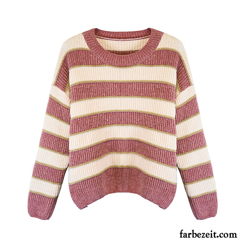 Damen Pullover Mit Spitze Neu Rosa Streifen Retro Pullover Lose Verdickung Mantel Winter Herbst Golden