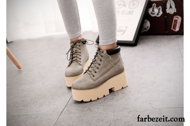 Damen Schnürstiefel Herbst Neue Hochhackigen Runde Zehe Kurze Feder Dicke Sohle Schuhe Schnürung Rabatt