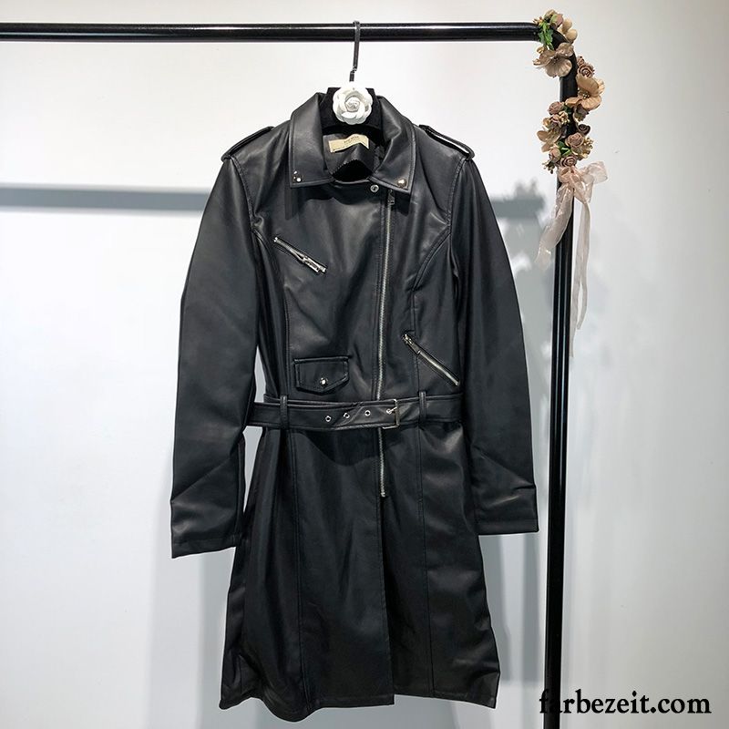 Damenlederjacke Schwarz Neu Dünn Damen Leder Langer Abschnitt Herbst Mäntel Pu Winter Schwarz Überzieher Revers Günstig