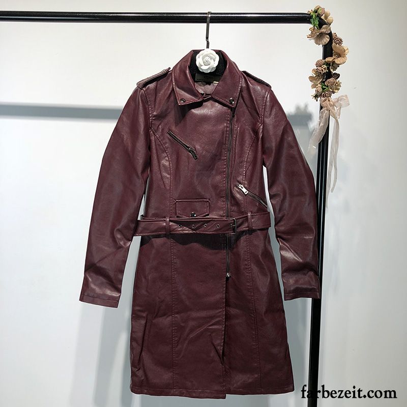 Damenlederjacke Schwarz Neu Dünn Damen Leder Langer Abschnitt Herbst Mäntel Pu Winter Schwarz Überzieher Revers Günstig