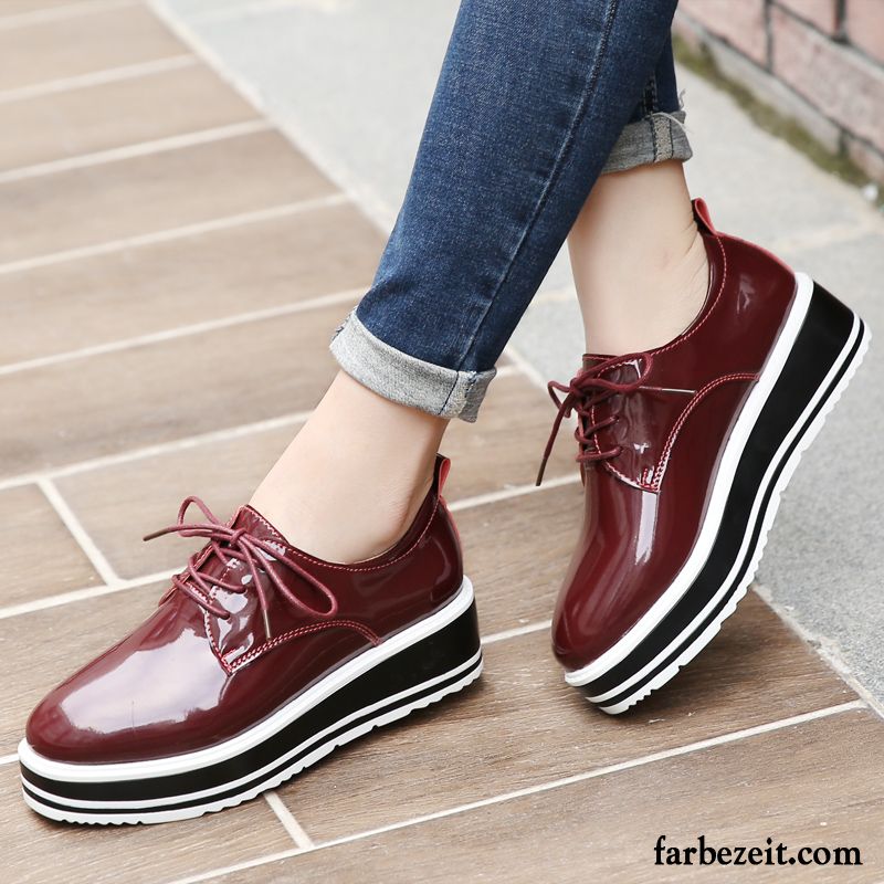 Damenschuhe Leder Braun Neue Herbst Plateauschuhe Lederschuhe England Flache Feder Casual Dicke Sohle Damen Günstig