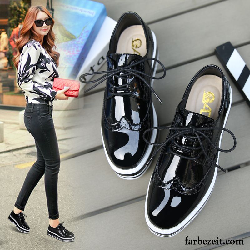 Damenschuhe Leder Braun Neue Herbst Plateauschuhe Lederschuhe England Flache Feder Casual Dicke Sohle Damen Günstig