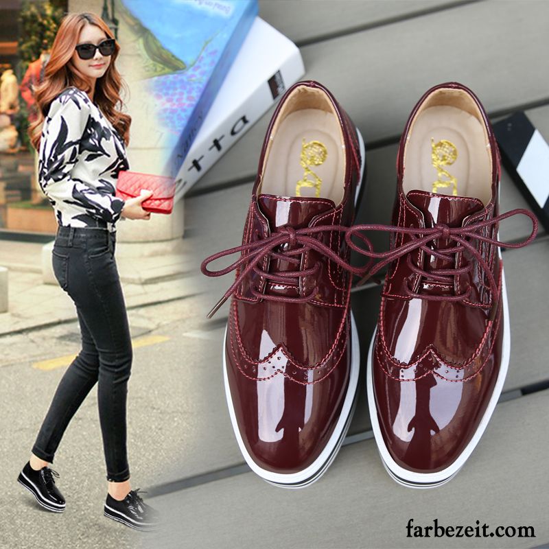 Damenschuhe Leder Braun Neue Herbst Plateauschuhe Lederschuhe England Flache Feder Casual Dicke Sohle Damen Günstig