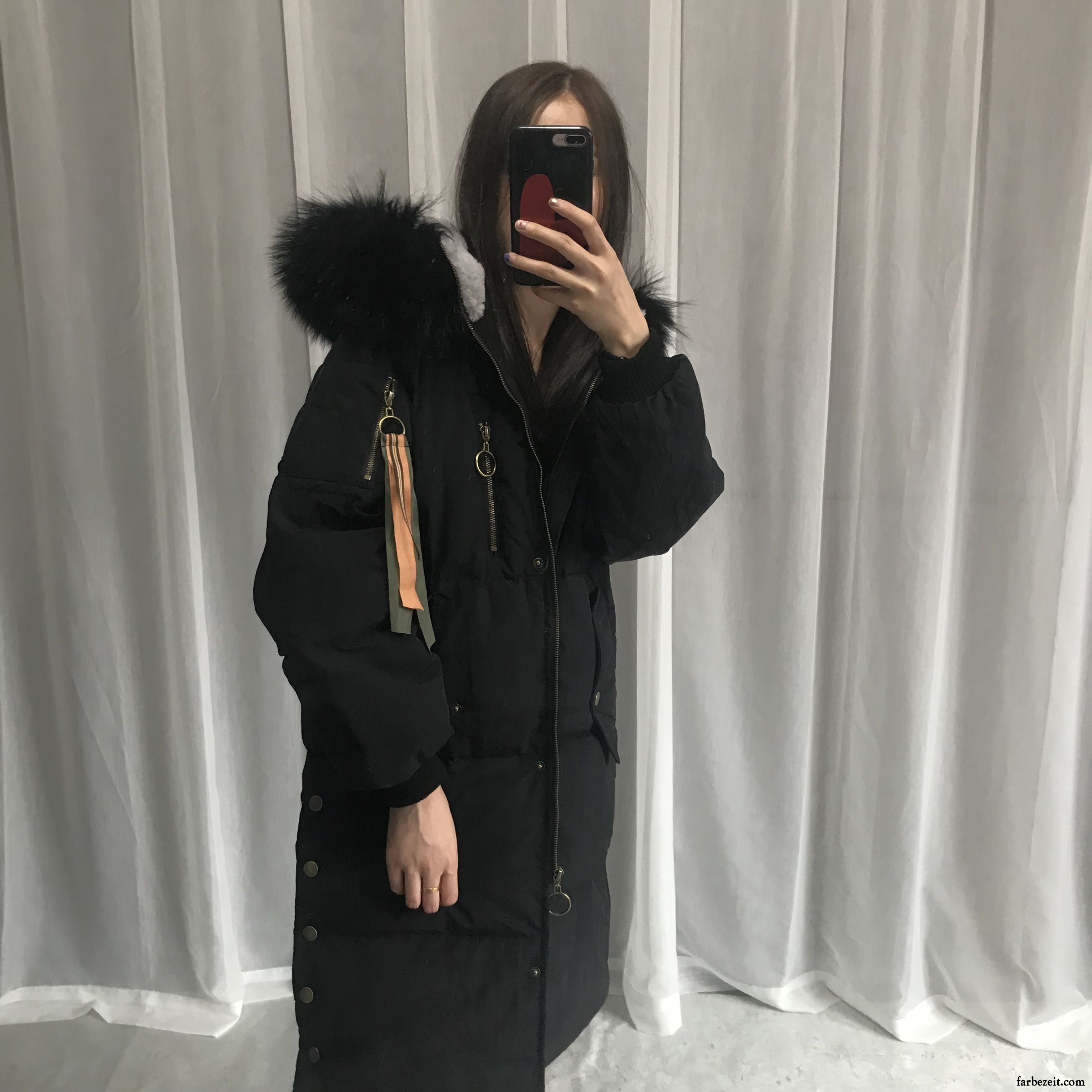 Daunenjacke Damen Schwarz Langer Abschnitt Daunenjacke Lose Verdickung Neu Trend Waschbär Pelz Kragen Kaufen