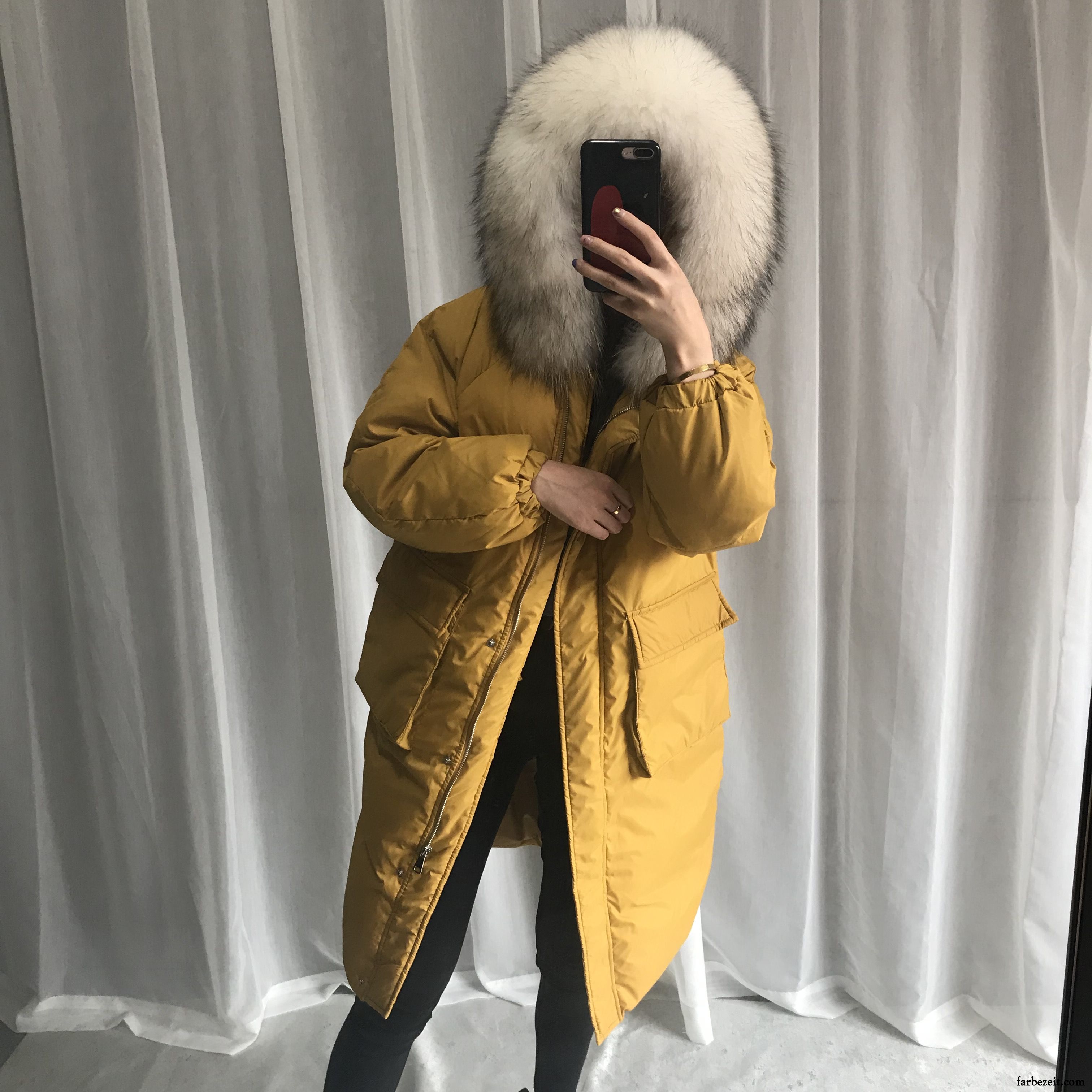 Daunenweste Damen Günstig Winter Langer Abschnitt Daunenjacke Trend Gelb Pelz Kragen Lose Großer Pelzkragen Große Größe Neu Sale